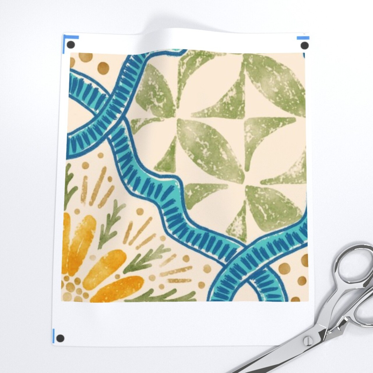 Geometric Tile Blue Green Floral Hand Drawn Watercolor Tropical Summer Coastal Custom Printed Fabric by Spoonflower Various Fabrics by the Yard or Fat Quarter